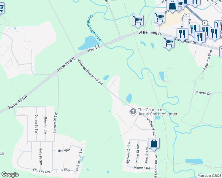map of restaurants, bars, coffee shops, grocery stores, and more near 310 McDaniel Station Road Southwest in Calhoun