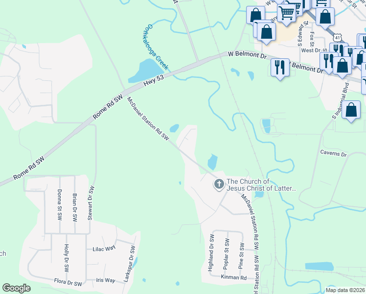 map of restaurants, bars, coffee shops, grocery stores, and more near 310 McDaniel Station Road Southwest in Calhoun