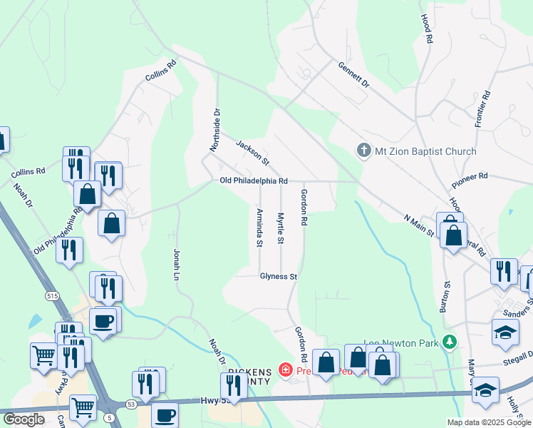 map of restaurants, bars, coffee shops, grocery stores, and more near 186 Arminda Street in Jasper