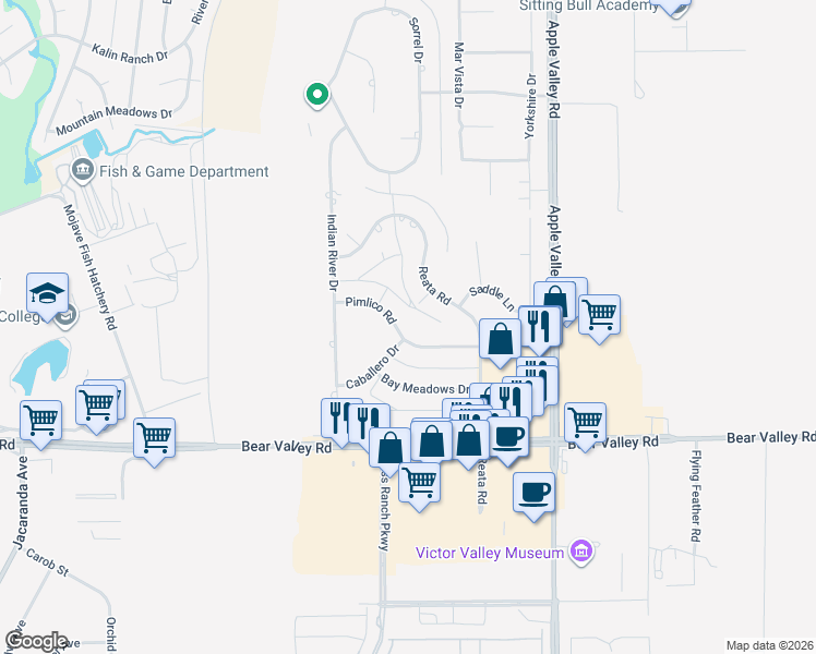 map of restaurants, bars, coffee shops, grocery stores, and more near 19030 Pimlico Road in Apple Valley