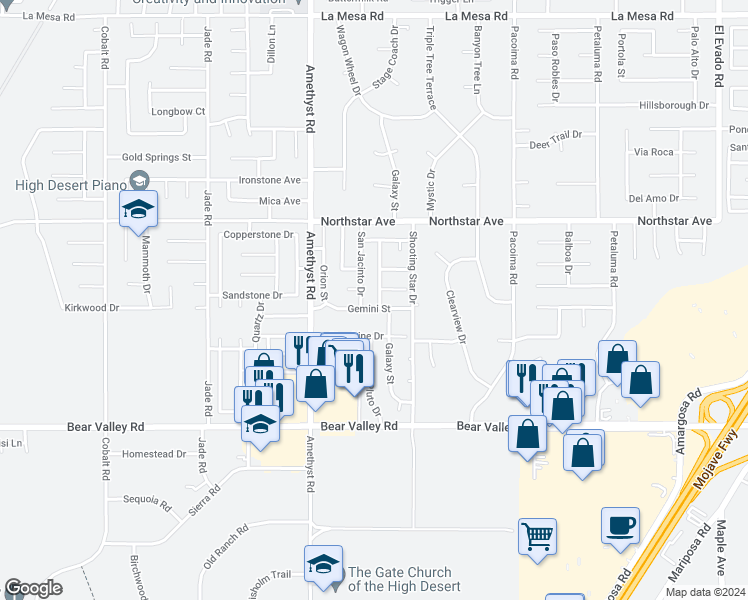 map of restaurants, bars, coffee shops, grocery stores, and more near 12346 Mount Baldy Drive in Victorville