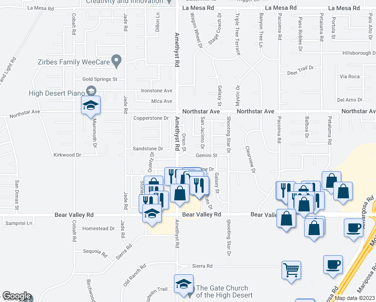 map of restaurants, bars, coffee shops, grocery stores, and more near 13644 Gemini Street in Victorville