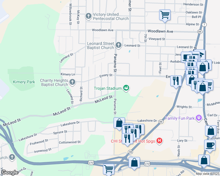 map of restaurants, bars, coffee shops, grocery stores, and more near 213 Elmhurst Street in Hot Springs