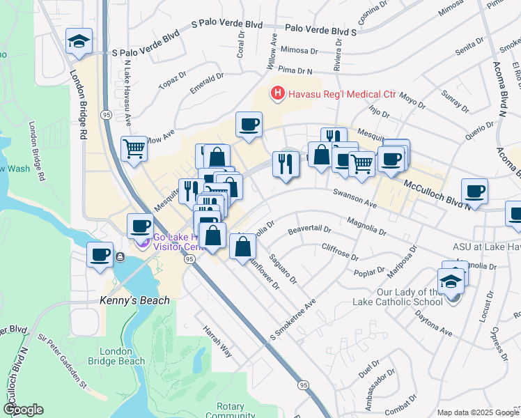 map of restaurants, bars, coffee shops, grocery stores, and more near 1707 Magnolia Drive in Lake Havasu City