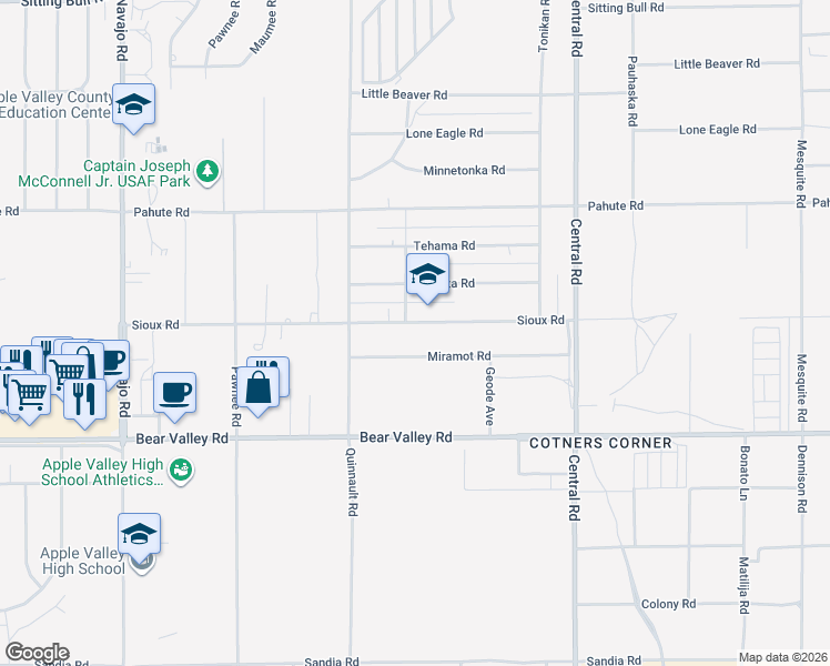 map of restaurants, bars, coffee shops, grocery stores, and more near 22224 Miramot Road in Apple Valley