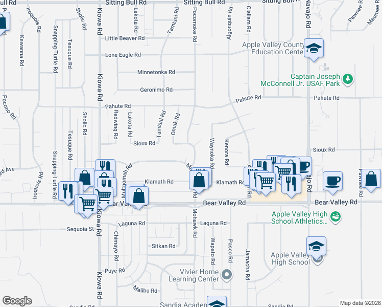 map of restaurants, bars, coffee shops, grocery stores, and more near 12261 Lipian Road in Apple Valley