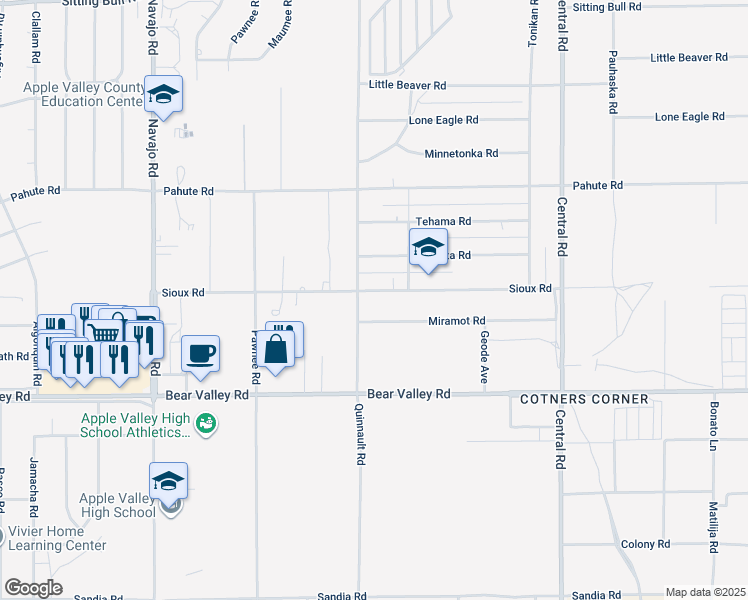 map of restaurants, bars, coffee shops, grocery stores, and more near 22131 Sioux Road in Apple Valley