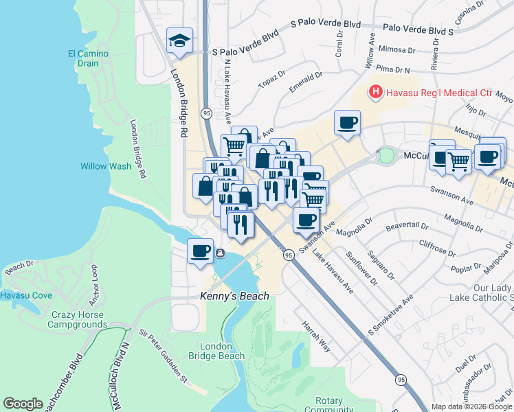 map of restaurants, bars, coffee shops, grocery stores, and more near 81 Paseo del Sol Avenue in Lake Havasu City
