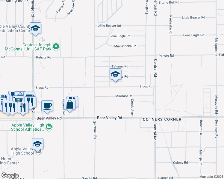 map of restaurants, bars, coffee shops, grocery stores, and more near 22219 Sioux Road in Apple Valley