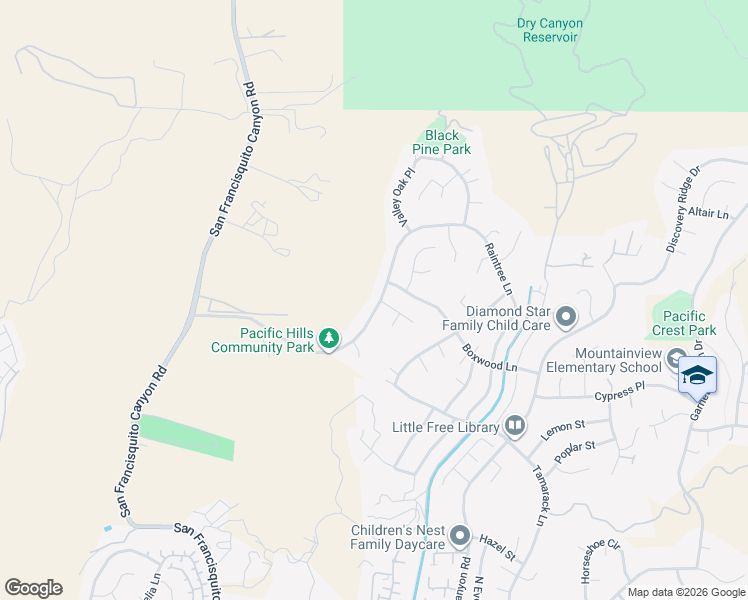 map of restaurants, bars, coffee shops, grocery stores, and more near 23031 Lowridge Place in Santa Clarita