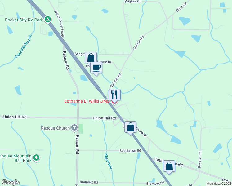 map of restaurants, bars, coffee shops, grocery stores, and more near 4258 U.S. 231 in Laceys Spring