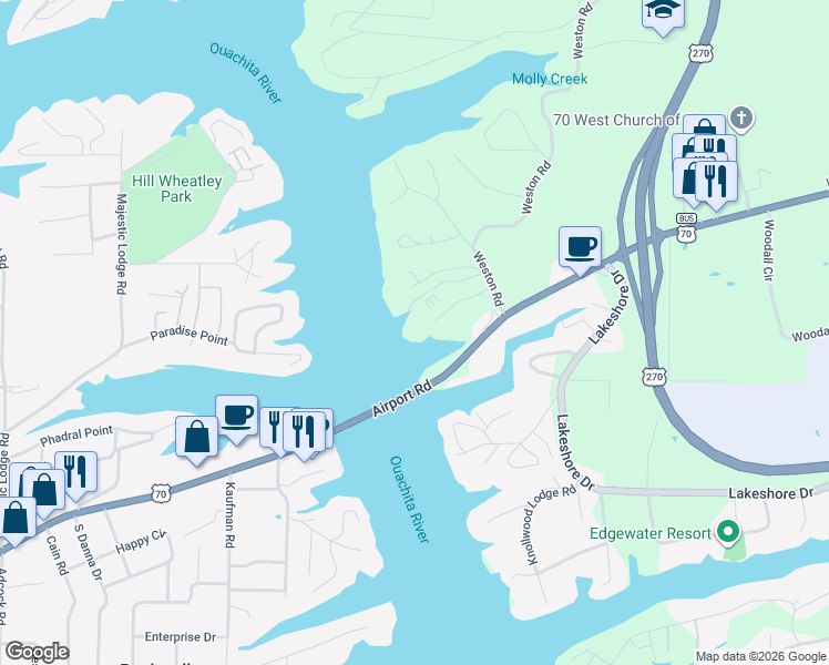 map of restaurants, bars, coffee shops, grocery stores, and more near 1299 Airport Road in Hot Springs