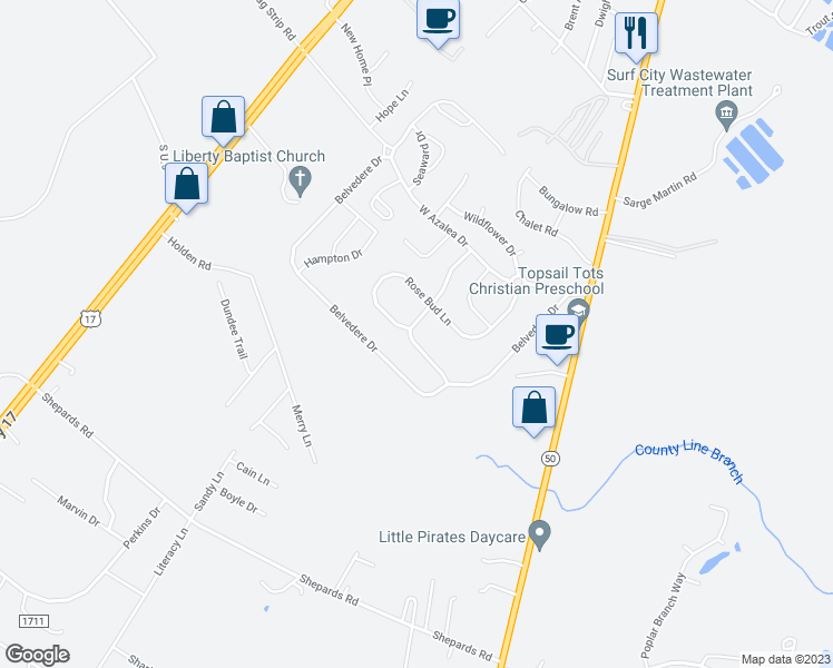 map of restaurants, bars, coffee shops, grocery stores, and more near 220 Red Carnation Drive in Holly Ridge