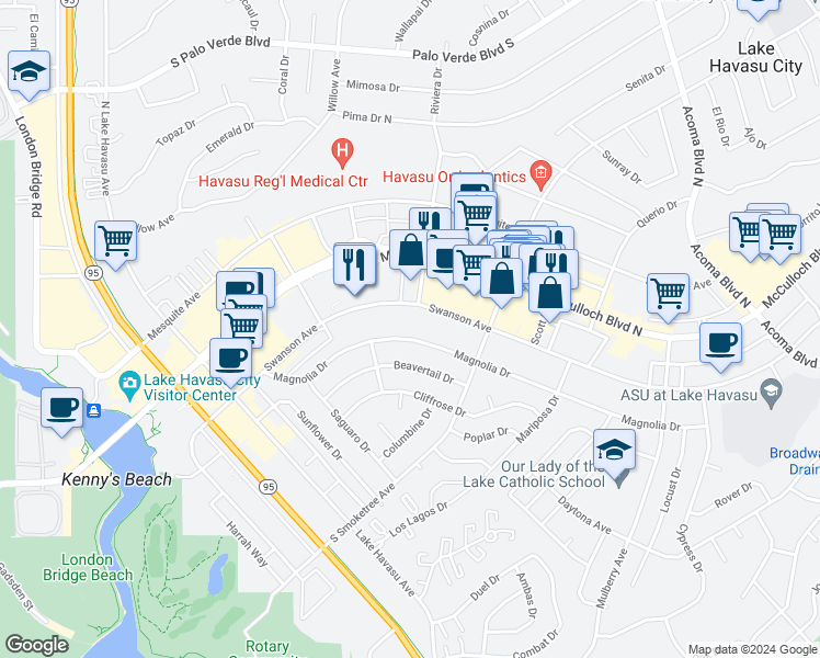 map of restaurants, bars, coffee shops, grocery stores, and more near 1810 Magnolia Drive in Lake Havasu City