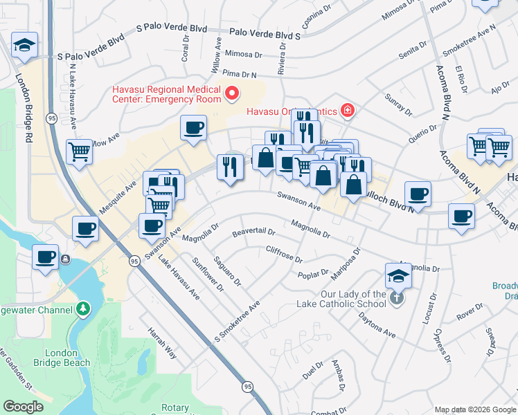 map of restaurants, bars, coffee shops, grocery stores, and more near 1810 Magnolia Drive in Lake Havasu City