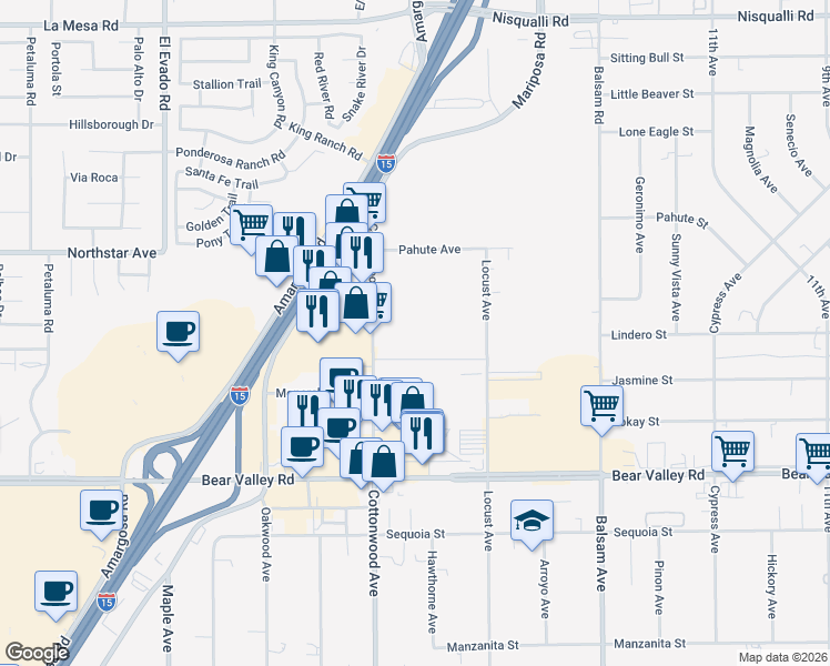 map of restaurants, bars, coffee shops, grocery stores, and more near 12351 Mariposa Road in Victorville