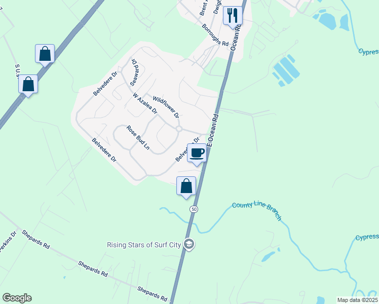 map of restaurants, bars, coffee shops, grocery stores, and more near 119 Belvedere Drive in Holly Ridge