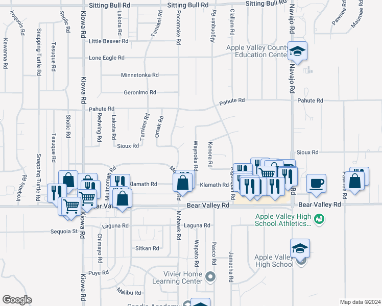 map of restaurants, bars, coffee shops, grocery stores, and more near 12300 Waynoka Road in Apple Valley