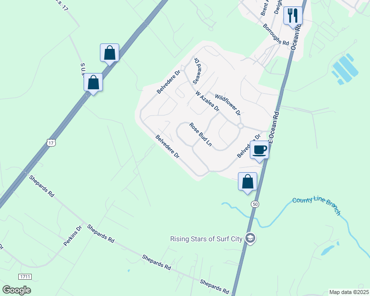 map of restaurants, bars, coffee shops, grocery stores, and more near 303 Rose Bud Lane in Holly Ridge