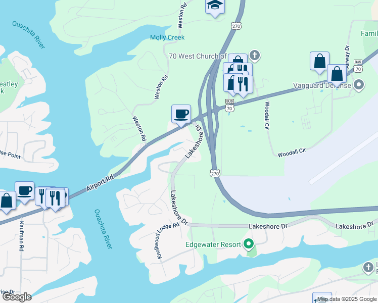 map of restaurants, bars, coffee shops, grocery stores, and more near 2311 Lakeshore Drive in Hot Springs