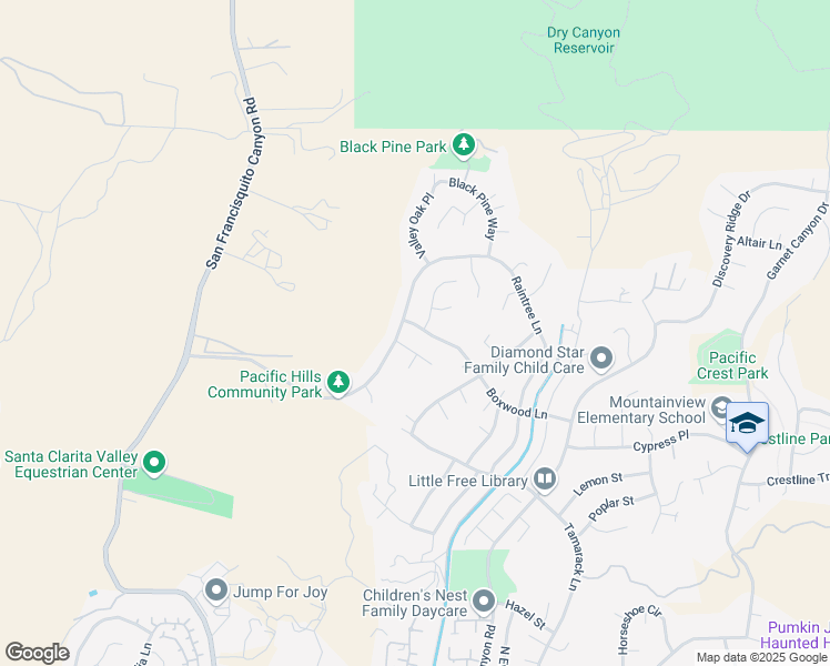 map of restaurants, bars, coffee shops, grocery stores, and more near 22936 Boxwood Lane in Santa Clarita