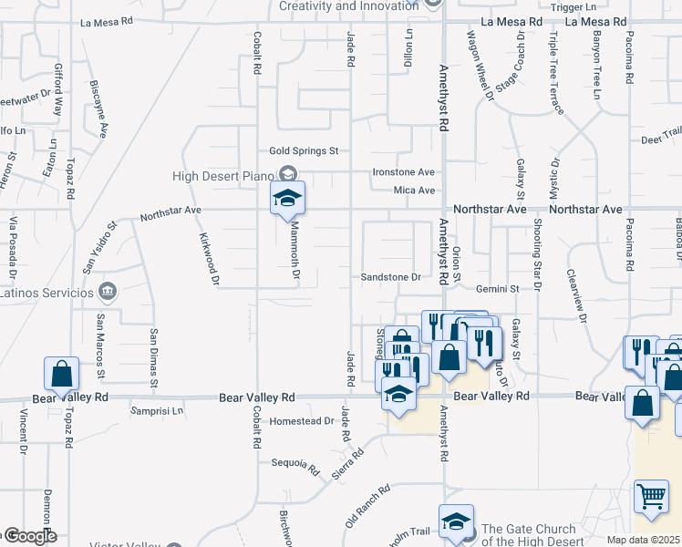 map of restaurants, bars, coffee shops, grocery stores, and more near 13475 Big Sky Court in Victorville
