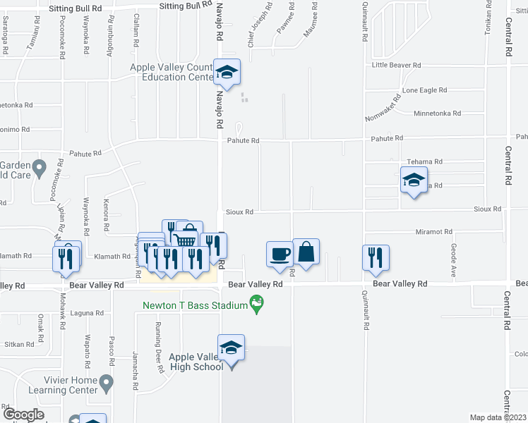 map of restaurants, bars, coffee shops, grocery stores, and more near 21825 Sioux Road in Apple Valley