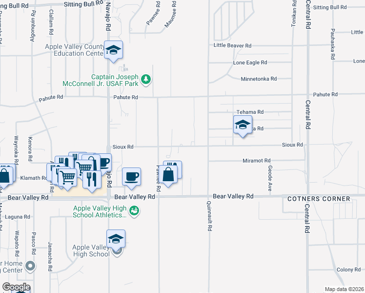 map of restaurants, bars, coffee shops, grocery stores, and more near Sioux Road in Apple Valley