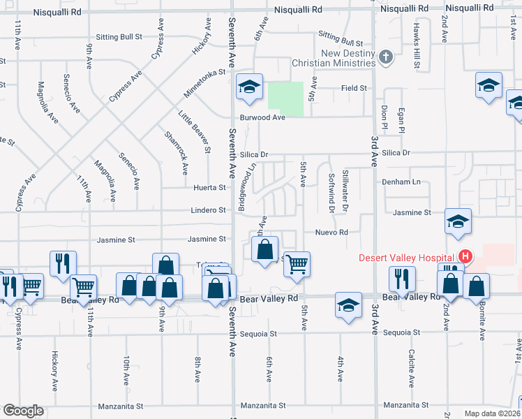 map of restaurants, bars, coffee shops, grocery stores, and more near 12340 6th Avenue in Victorville