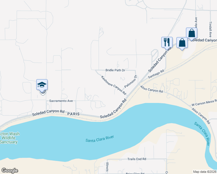 map of restaurants, bars, coffee shops, grocery stores, and more near 32505 Saddle Peak Court in Acton