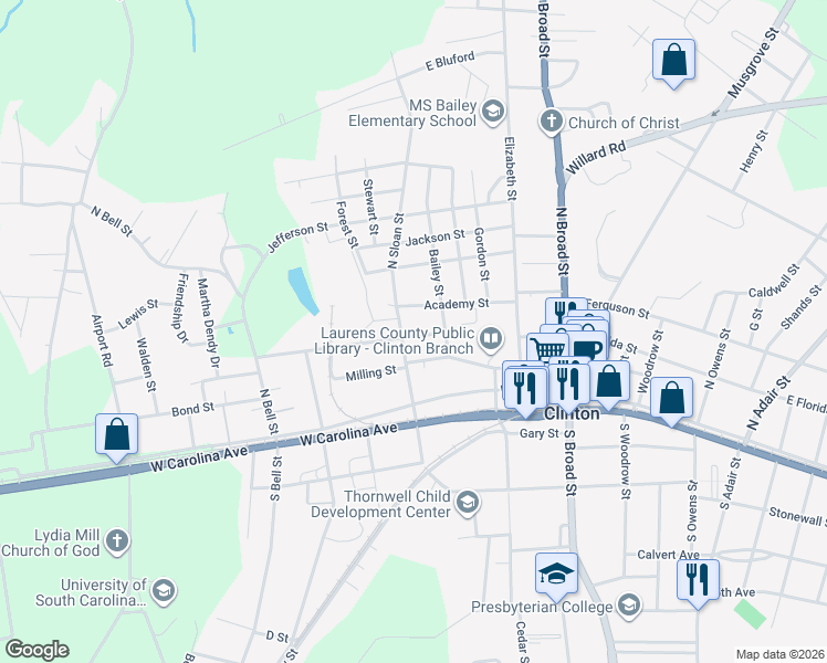 map of restaurants, bars, coffee shops, grocery stores, and more near 503 Academy Street in Clinton
