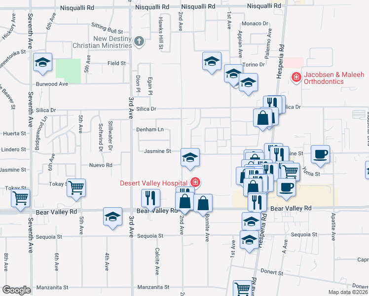 map of restaurants, bars, coffee shops, grocery stores, and more near 12341 2nd Avenue in Victorville