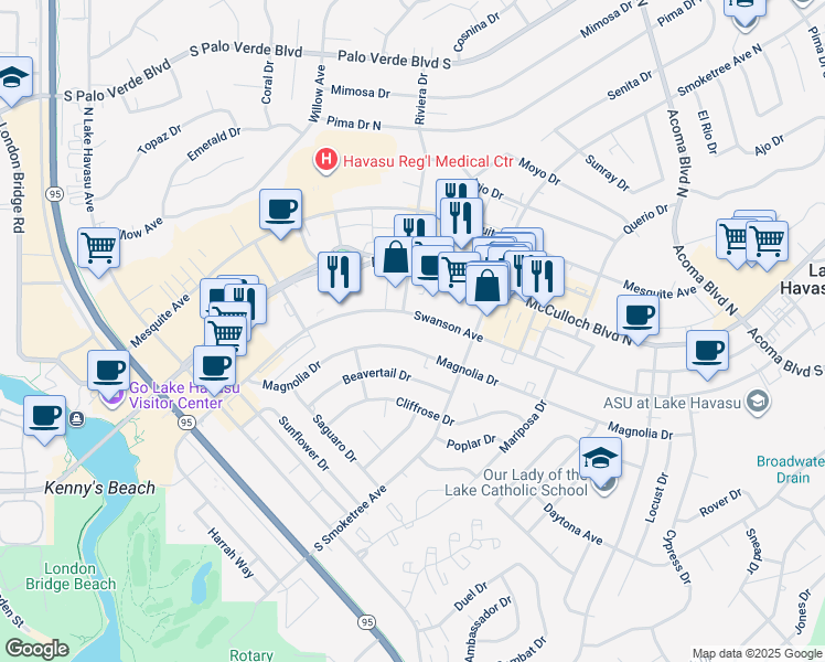 map of restaurants, bars, coffee shops, grocery stores, and more near 1880 Swanson Avenue in Lake Havasu City