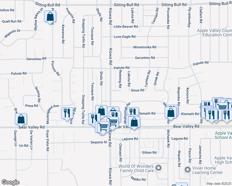 map of restaurants, bars, coffee shops, grocery stores, and more near 12359 Kiowa Road in Apple Valley