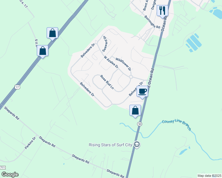 map of restaurants, bars, coffee shops, grocery stores, and more near 338 Rose Bud Lane in Holly Ridge