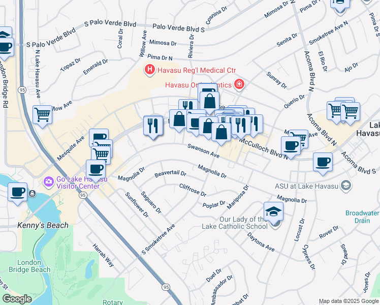 map of restaurants, bars, coffee shops, grocery stores, and more near 1910 Swanson Avenue in Lake Havasu City