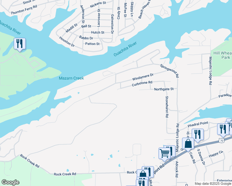 map of restaurants, bars, coffee shops, grocery stores, and more near 241 Windamere Drive in Hot Springs
