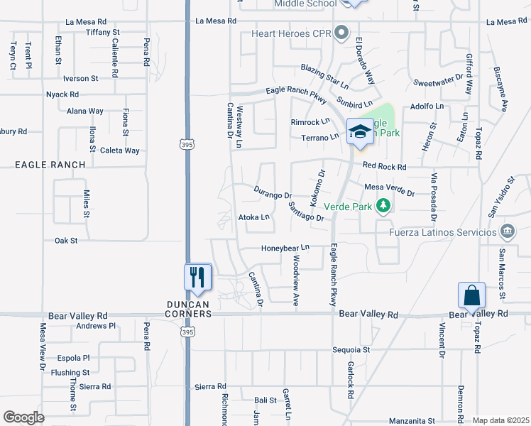 map of restaurants, bars, coffee shops, grocery stores, and more near 12312 Atoka Lane in Victorville