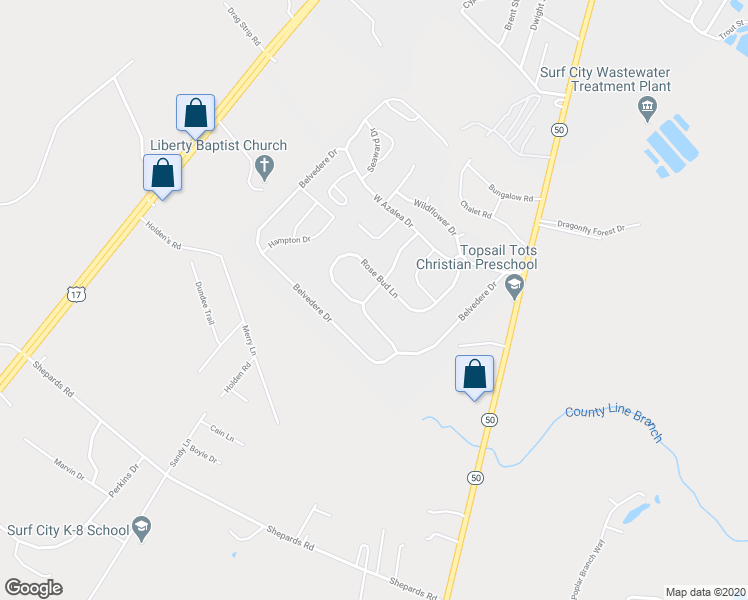 map of restaurants, bars, coffee shops, grocery stores, and more near 224 Red Carnation Drive in Holly Ridge