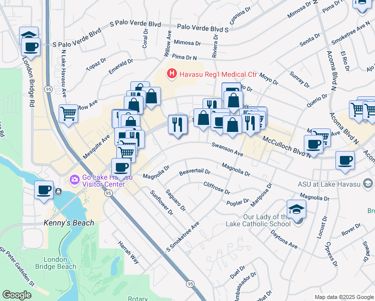 map of restaurants, bars, coffee shops, grocery stores, and more near 1850 McCulloch Boulevard North in Lake Havasu City