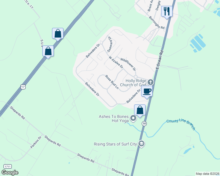 map of restaurants, bars, coffee shops, grocery stores, and more near 224 Red Carnation Drive in Holly Ridge