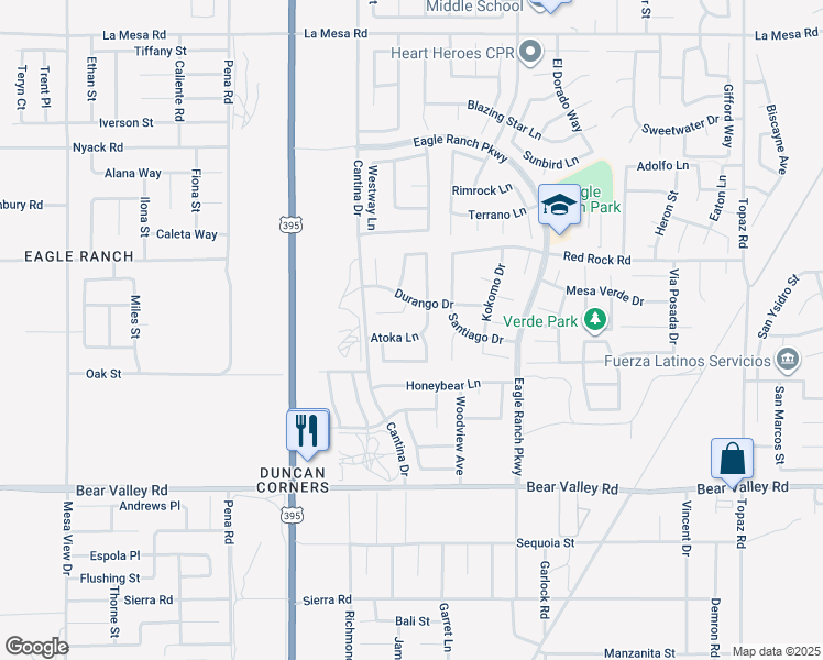 map of restaurants, bars, coffee shops, grocery stores, and more near 12312 Atoka Lane in Victorville
