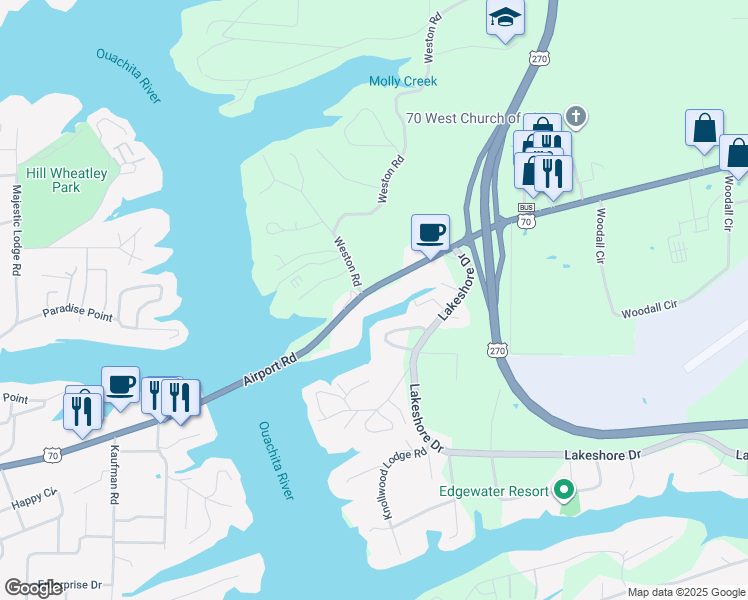 map of restaurants, bars, coffee shops, grocery stores, and more near 1135 Airport Road in Hot Springs