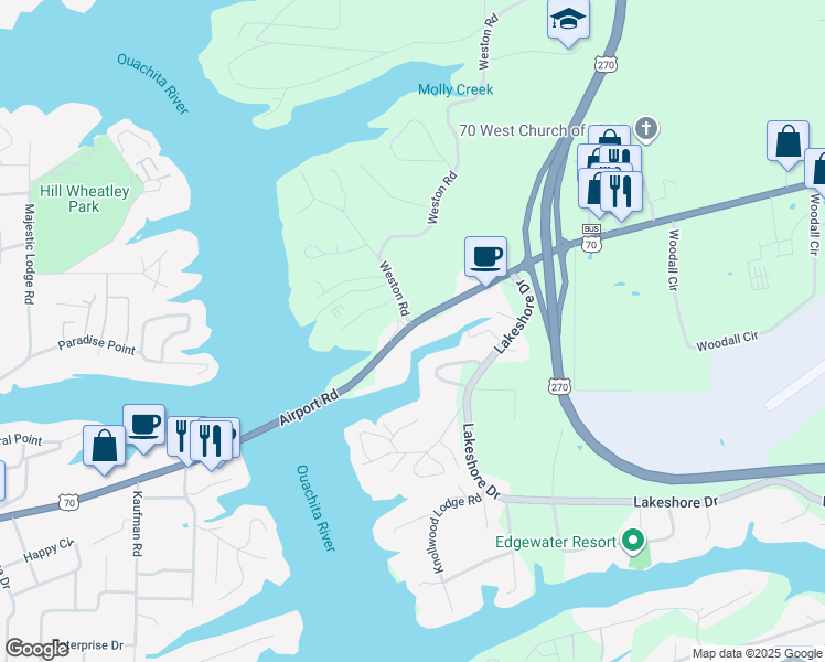 map of restaurants, bars, coffee shops, grocery stores, and more near 1135 Airport Road in Hot Springs