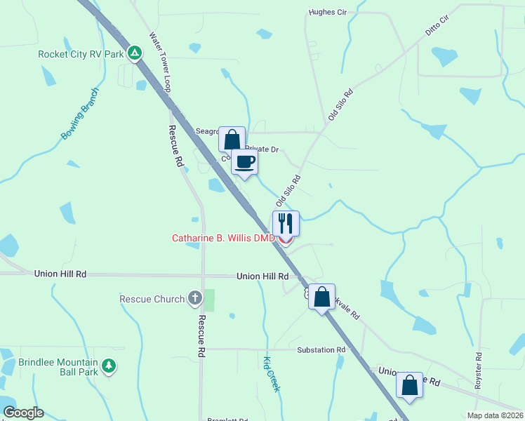 map of restaurants, bars, coffee shops, grocery stores, and more near 4150 U.S. 231 in Laceys Spring