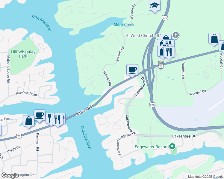 map of restaurants, bars, coffee shops, grocery stores, and more near 1201 Airport Road in Hot Springs