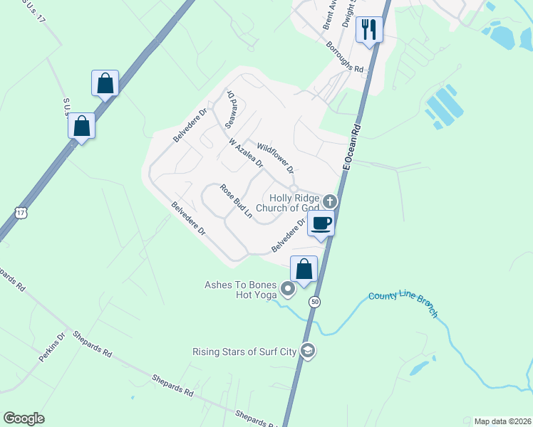 map of restaurants, bars, coffee shops, grocery stores, and more near 403 Amaryllis Lane in Holly Ridge