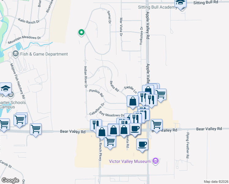 map of restaurants, bars, coffee shops, grocery stores, and more near 12360 Reata Road in Apple Valley