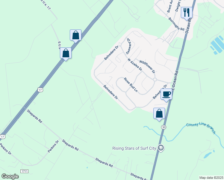map of restaurants, bars, coffee shops, grocery stores, and more near 234 Belvedere Drive in Holly Ridge