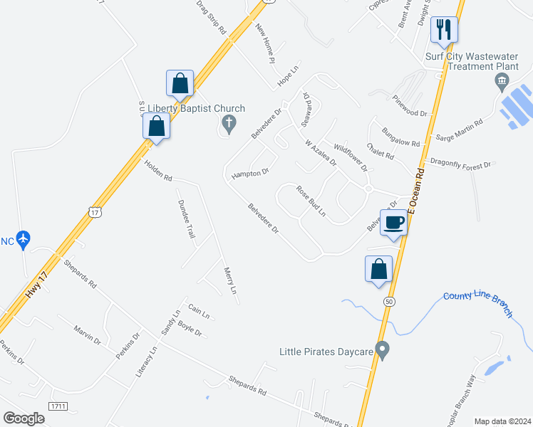 map of restaurants, bars, coffee shops, grocery stores, and more near 234 Belvedere Drive in Holly Ridge